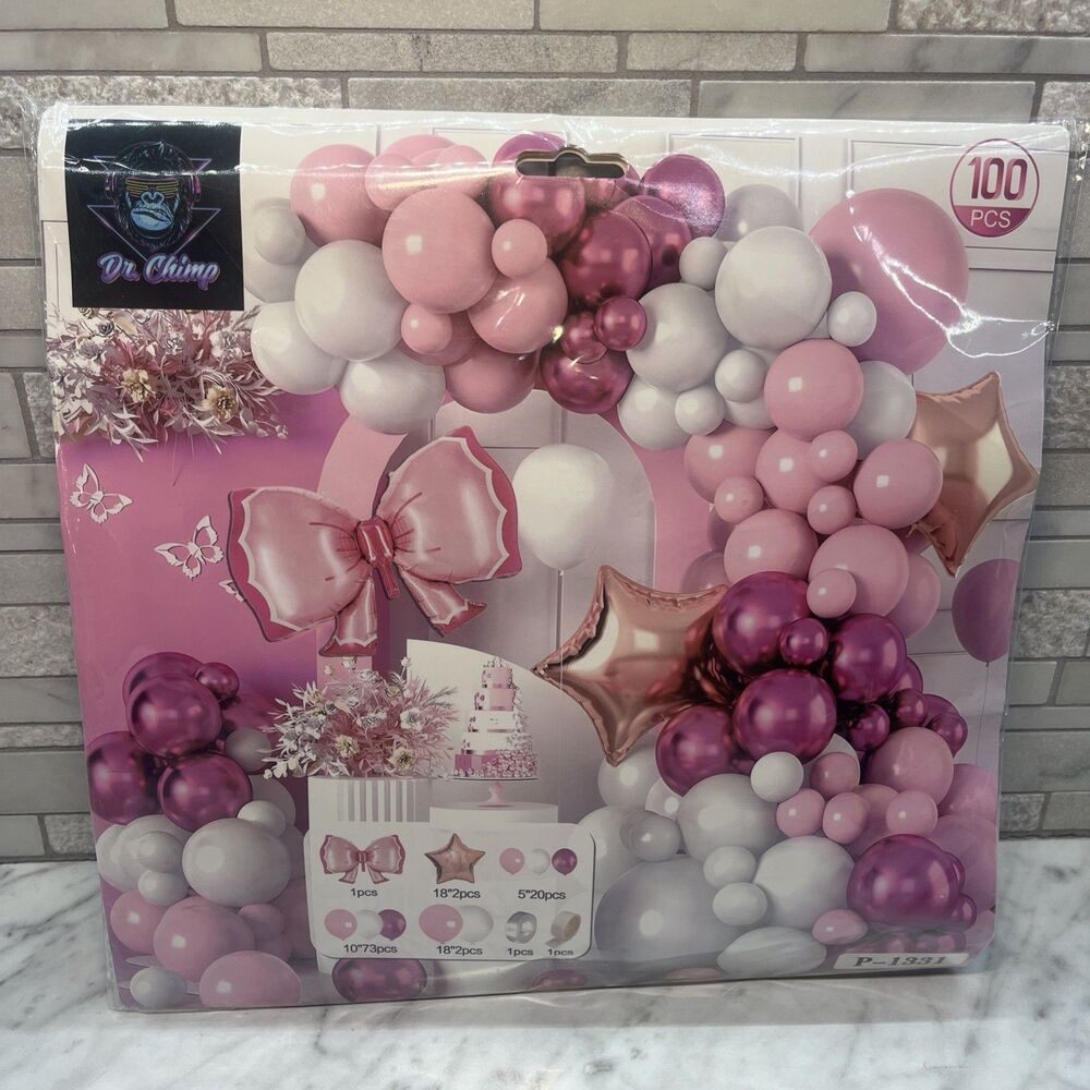 Pink & White Balloon Garland Arch Kit, Bow, stars,18in, 10in, 5in ballons 100 pc